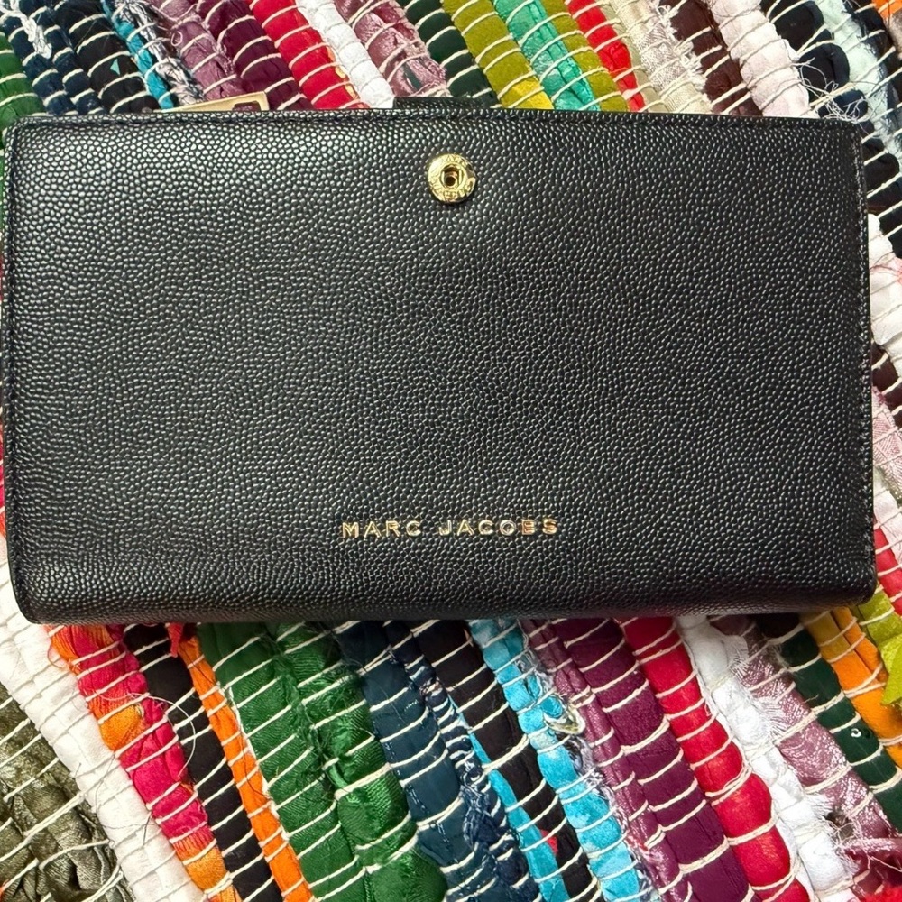 Marc Jacobs Black Pebbled Leather Continental Wallet with Gold Logo